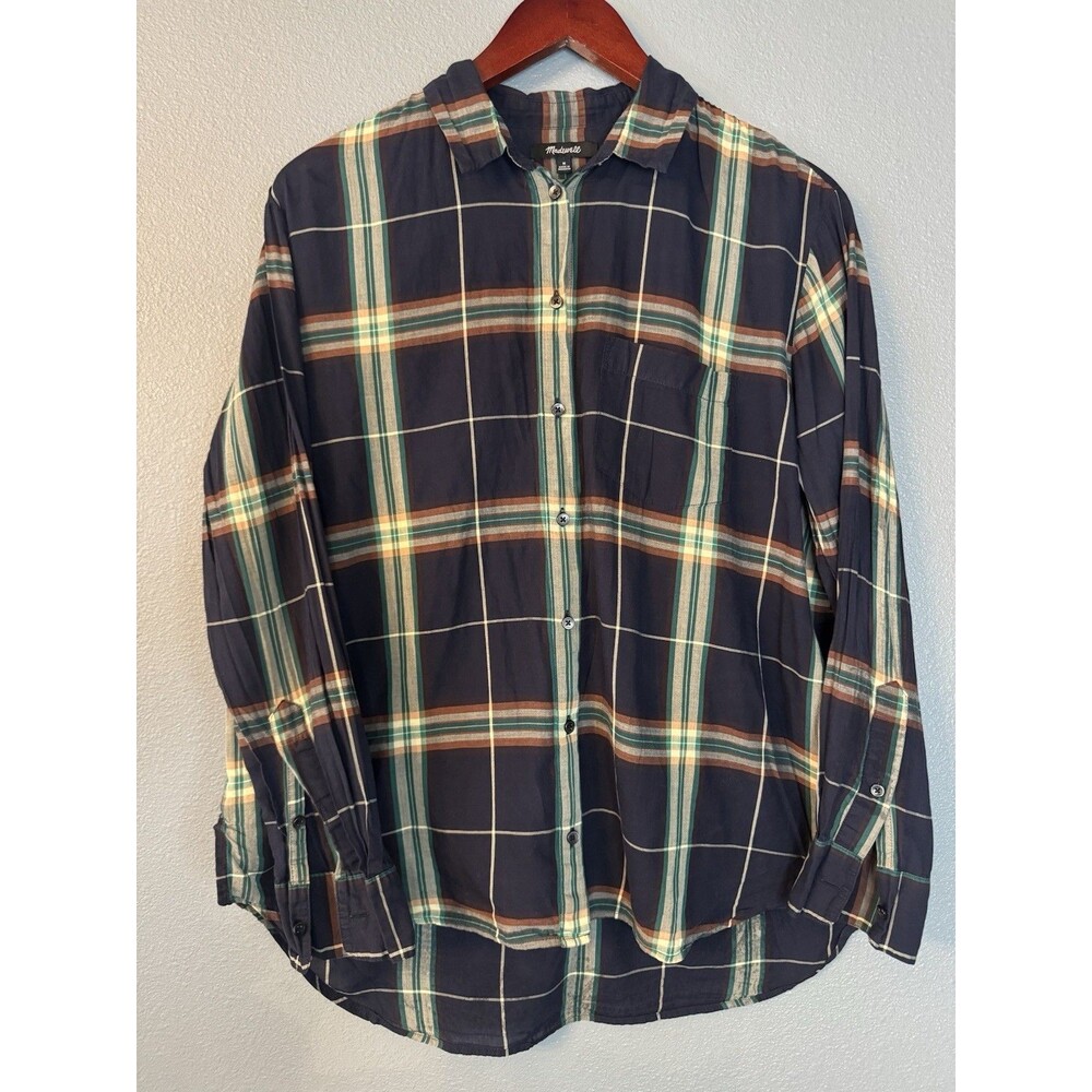 Madewell Womens Medium Navy Blue Green Plaid Cotton Long Sleeve Button Up Shirt
